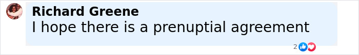 Comment by Richard Greene saying he hopes there is a prenuptial agreement in a social media post on Coldplay cheating scandal. Comment by Richard Greene saying he hopes there is a prenuptial agreement in a social media post on Coldplay cheating scandal.