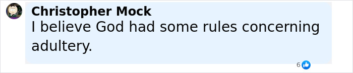 Comment by Christopher Mock on adultery, displayed in a Facebook chat bubble with a like count shown. Comment by Christopher Mock on adultery, displayed in a Facebook chat bubble with a like count shown.