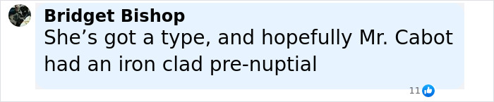 Comment by Bridget Bishop discussing a pre-nuptial agreement in a conversation about Coldplay cheating scandal HR executive. Comment by Bridget Bishop discussing a pre-nuptial agreement in a conversation about Coldplay cheating scandal HR executive.