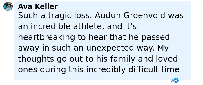 Comment expressing condolence for Olympic medalist skier Audun Groenvold’s unexpected death after a lightning strike shared by his wife. Comment expressing condolence for Olympic medalist skier Audun Groenvold’s unexpected death after a lightning strike shared by his wife.
