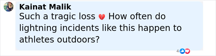Commenter Kainat Malik expressing heartbreak and asking about lightning incidents affecting outdoor athletes. Commenter Kainat Malik expressing heartbreak and asking about lightning incidents affecting outdoor athletes.