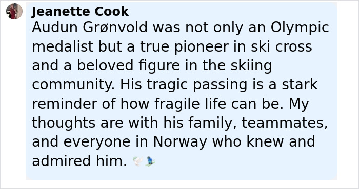Alt text: Tribute to Olympic medalist skier Audun Grønvold after his tragic death from a lightning strike shared by his wife. Alt text: Tribute to Olympic medalist skier Audun Grønvold after his tragic death from a lightning strike shared by his wife.