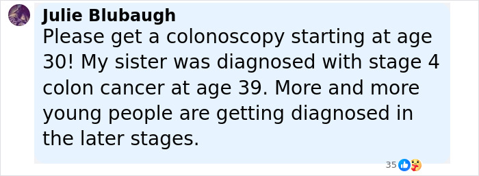 Comment by Julie Blubaugh urging colonoscopy at age 30, highlighting cancer diagnosis impact during James Van Der Beek’s cancer journey. Comment by Julie Blubaugh urging colonoscopy at age 30, highlighting cancer diagnosis impact during James Van Der Beek’s cancer journey.