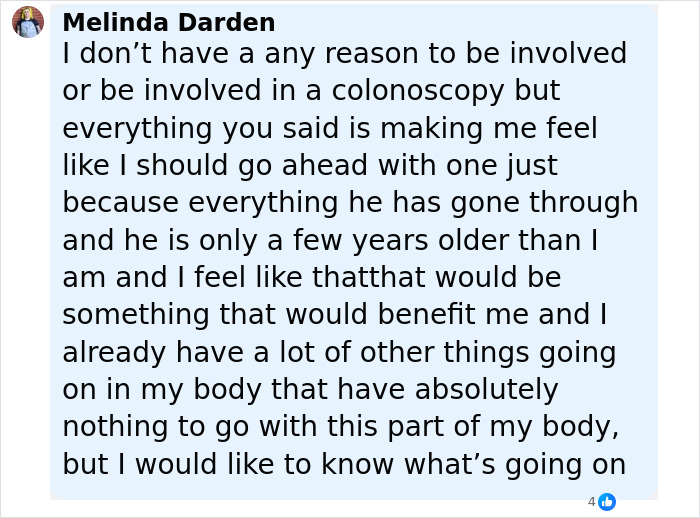 Screenshot of a social media comment from Melinda Darden discussing a personal health decision and concerns during a cancer journey. Screenshot of a social media comment from Melinda Darden discussing a personal health decision and concerns during a cancer journey.