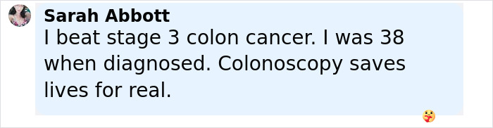 Text message from Sarah Abbott sharing her experience with stage 3 colon cancer and the importance of colonoscopy in saving lives. Text message from Sarah Abbott sharing her experience with stage 3 colon cancer and the importance of colonoscopy in saving lives.