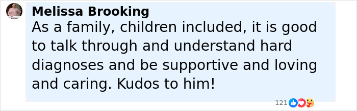 Comment by Melissa Brooking about supporting family and children during difficult cancer moments shared by James Van Der Beek. Comment by Melissa Brooking about supporting family and children during difficult cancer moments shared by James Van Der Beek.