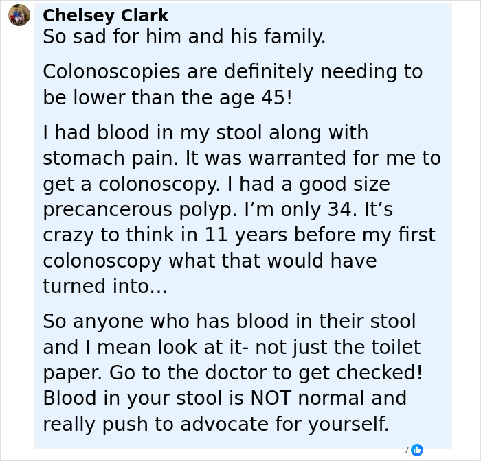 Alt text: Comment discussing the importance of early colonoscopies and challenges during cancer journey with kids, referencing James Van Der Beek. Alt text: Comment discussing the importance of early colonoscopies and challenges during cancer journey with kids, referencing James Van Der Beek.