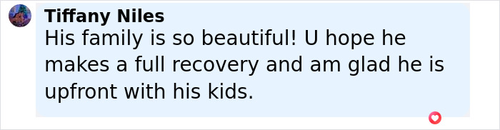 Comment by Tiffany Niles expressing hope for James Van Der Beek’s full recovery and mentioning his honesty with kids during cancer. Comment by Tiffany Niles expressing hope for James Van Der Beek’s full recovery and mentioning his honesty with kids during cancer.
