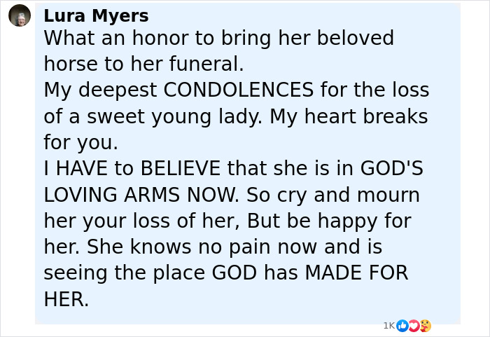 Comment expressing condolences for an 8-year-old's horse walking behind her hearse with tiny hat and boots after Camp Mystic tragedy. Comment expressing condolences for an 8-year-old's horse walking behind her hearse with tiny hat and boots after Camp Mystic tragedy.