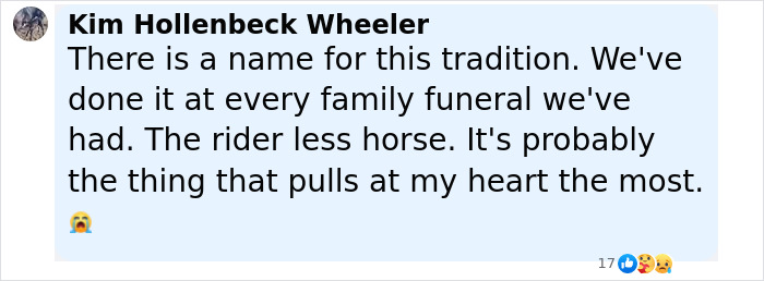 Comment by Kim Hollenbeck Wheeler about the riderless horse tradition at family funerals pulling at the heart. Comment by Kim Hollenbeck Wheeler about the riderless horse tradition at family funerals pulling at the heart.