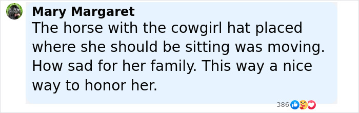 Comment from Mary Margaret about the horse walking behind the hearse with the cowgirl hat honoring the girl after Camp Mystic tragedy. Comment from Mary Margaret about the horse walking behind the hearse with the cowgirl hat honoring the girl after Camp Mystic tragedy.