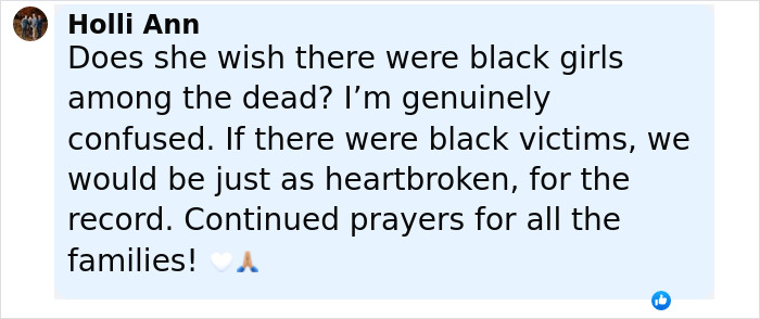 Screenshot of social media comment expressing confusion and prayers amid controversy over flood-stricken Camp Mystic whites-only remarks. Screenshot of social media comment expressing confusion and prayers amid controversy over flood-stricken Camp Mystic whites-only remarks.