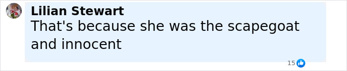 Facebook comment by Lilian Stewart stating she was the scapegoat and innocent in the case of nurse who slew 7 babies. Facebook comment by Lilian Stewart stating she was the scapegoat and innocent in the case of nurse who slew 7 babies.