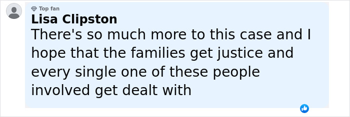 Comment by Lisa Clipston expressing hope for justice in the case involving cops arresting top bosses over foul play suspicions. Comment by Lisa Clipston expressing hope for justice in the case involving cops arresting top bosses over foul play suspicions.