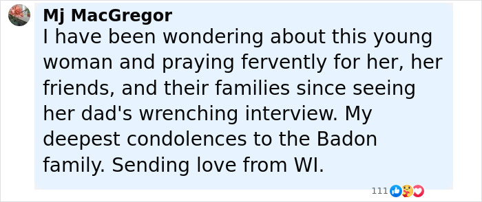 Comment expressing condolences and prayers for young flood victim and her family after emotional interview. Comment expressing condolences and prayers for young flood victim and her family after emotional interview.
