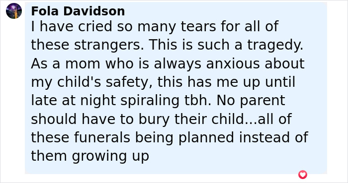 Comment expressing grief over young flood victims and the fear their families must have felt during the tragedy. Comment expressing grief over young flood victims and the fear their families must have felt during the tragedy.