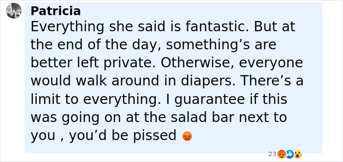 Comment by Patricia expressing strong opinion about privacy and ostomy bags, showing frustration and concern in an online discussion. Comment by Patricia expressing strong opinion about privacy and ostomy bags, showing frustration and concern in an online discussion.