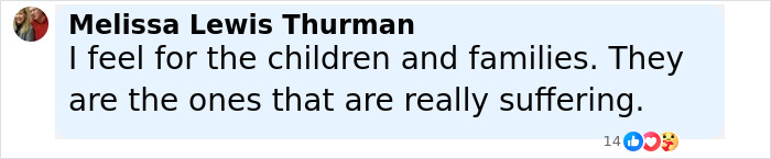 Facebook comment by Melissa Lewis Thurman expressing sympathy for children and families suffering after Virginia councilman set on fire attack. Facebook comment by Melissa Lewis Thurman expressing sympathy for children and families suffering after Virginia councilman set on fire attack.