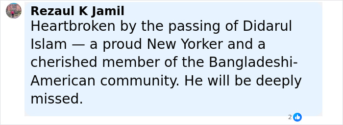 Comment expressing sorrow over the passing of an NYPD cop from the Bangladeshi-American community. Comment expressing sorrow over the passing of an NYPD cop from the Bangladeshi-American community.