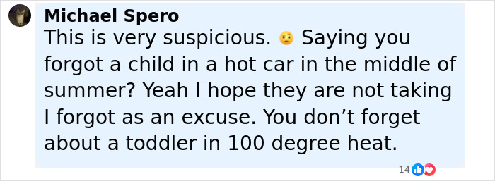 Comment expressing suspicion about a child forgotten in a hot car during extreme summer heat by a social worker. Comment expressing suspicion about a child forgotten in a hot car during extreme summer heat by a social worker.