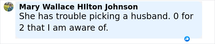 Comment by Mary Wallace Hilton Johnson expressing opinion on trouble picking a husband related to Denise Richards assault accusations. Comment by Mary Wallace Hilton Johnson expressing opinion on trouble picking a husband related to Denise Richards assault accusations.