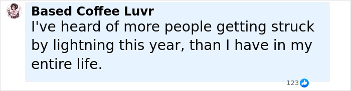 Comment about increased lightning strikes this year, mentioning people getting struck more than ever in their lives. Comment about increased lightning strikes this year, mentioning people getting struck more than ever in their lives.