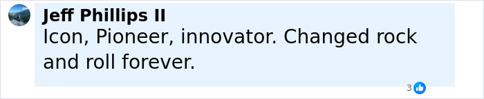 Facebook comment by Jeff Phillips II calling Ozzy an icon, pioneer, and innovator who changed rock and roll forever in a tribute to Black Sabbath. Facebook comment by Jeff Phillips II calling Ozzy an icon, pioneer, and innovator who changed rock and roll forever in a tribute to Black Sabbath.