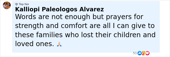 Facebook comment expressing prayers and comfort for families who lost children in the flood, reflecting flood victim fear. Facebook comment expressing prayers and comfort for families who lost children in the flood, reflecting flood victim fear.