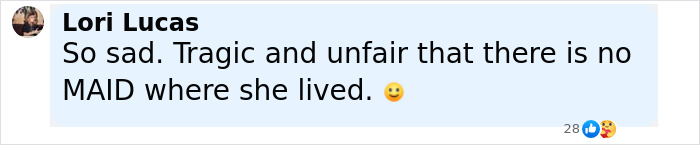 Comment by Lori Lucas expressing sadness over no maid being available where a mom ended her life by starving. Comment by Lori Lucas expressing sadness over no maid being available where a mom ended her life by starving.