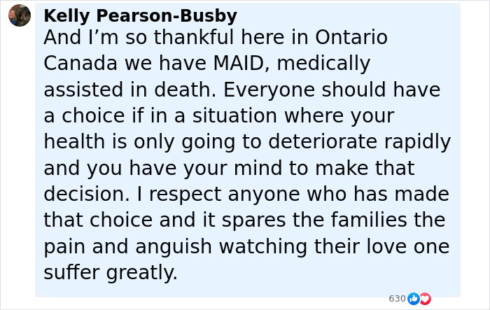 Alt text: Screenshot of a Facebook comment about medically assisted death and respecting choices to avoid suffering. Alt text: Screenshot of a Facebook comment about medically assisted death and respecting choices to avoid suffering.