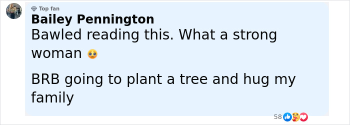 Comment by a top fan named Bailey Pennington expressing emotional reaction and admiration for a mom who ended her life to protect her kids.