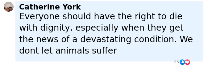 Comment by Catherine York expressing support for the right to die with dignity to avoid suffering from a devastating condition. Comment by Catherine York expressing support for the right to die with dignity to avoid suffering from a devastating condition.