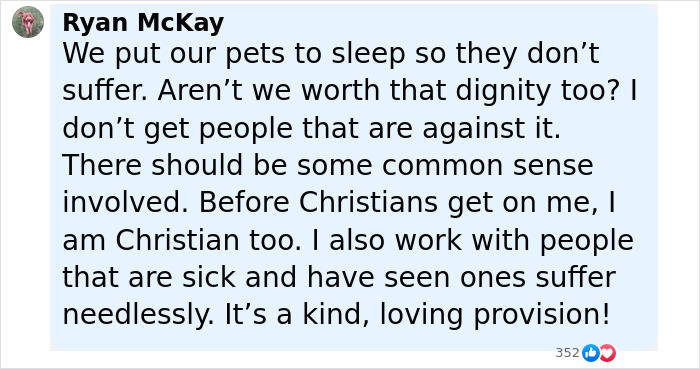 Screenshot of a social media comment discussing euthanasia and suffering, mentioning Christian perspective and dignity.