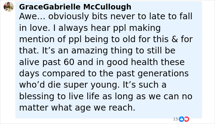 Comment by GraceGabrielle McCullough reflecting on love and aging, mentioning health and life blessings past age 60. Comment by GraceGabrielle McCullough reflecting on love and aging, mentioning health and life blessings past age 60.