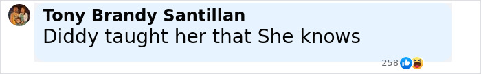 Comment by Tony Brandy Santillan on social media saying Diddy taught her, reacting to Jennifer Lopez's raunchy show criticized as cheap. Comment by Tony Brandy Santillan on social media saying Diddy taught her, reacting to Jennifer Lopez's raunchy show criticized as cheap.