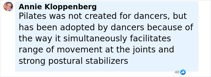 Comment by Annie Kloppenberg explaining Pilates supports joint movement and postural stabilizers in response to Gen Z influencer backlash. Comment by Annie Kloppenberg explaining Pilates supports joint movement and postural stabilizers in response to Gen Z influencer backlash.
