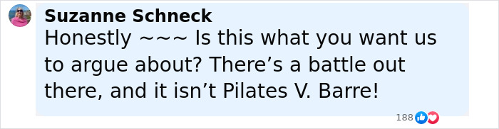 Comment by Suzanne Schneck expressing frustration about the debate on Pilates supporting the patriarchy. Comment by Suzanne Schneck expressing frustration about the debate on Pilates supporting the patriarchy.