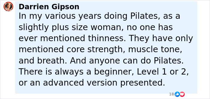 Comment from a user sharing their experience with Pilates, addressing body positivity and exercise levels. Comment from a user sharing their experience with Pilates, addressing body positivity and exercise levels.