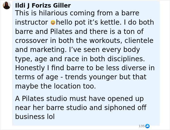 Comment responding to Gen Z influencer backlash on Pilates supporting patriarchy, discussing barre and Pilates diversity and business impact. Comment responding to Gen Z influencer backlash on Pilates supporting patriarchy, discussing barre and Pilates diversity and business impact.