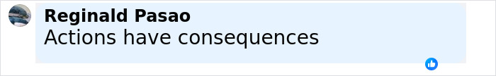 Comment reading Actions have consequences by Reginald Pasao with a like reaction, related to man threatens to explode plane mid-flight. Comment reading Actions have consequences by Reginald Pasao with a like reaction, related to man threatens to explode plane mid-flight.
