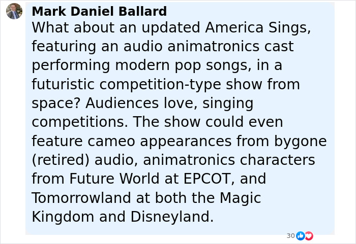 Comment from Mark Daniel Ballard suggesting an updated Disneyland attraction featuring animatronics and modern pop songs.
