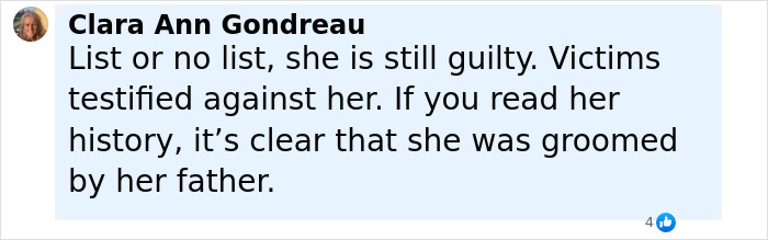 Comment by Clara Ann Gondreau discussing Ghislaine Maxwell’s family and the Epstein case closure. Comment by Clara Ann Gondreau discussing Ghislaine Maxwell’s family and the Epstein case closure.