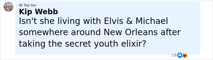 Comment by Kip Webb joking about Amelia Earhart mystery and secret youth elixir, displayed on a social media post. Comment by Kip Webb joking about Amelia Earhart mystery and secret youth elixir, displayed on a social media post.