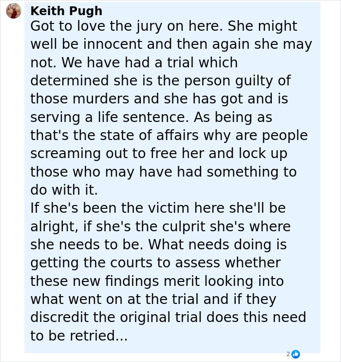 Comment by Keith Pugh discussing jury verdict, life sentence, and calls for investigating foul play suspicions in nurse baby murders case. Comment by Keith Pugh discussing jury verdict, life sentence, and calls for investigating foul play suspicions in nurse baby murders case.