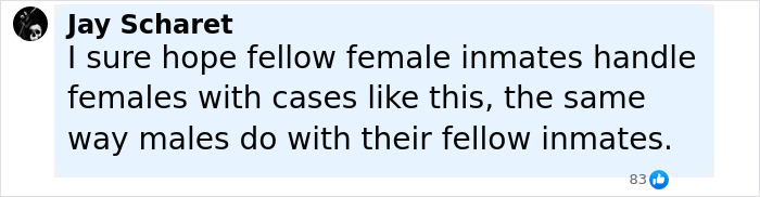 Comment by Jay Scharet expressing hope female inmates handle cases like this as males do with their fellow inmates.