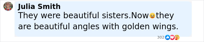 Comment by Julia Smith expressing sorrow over sisters who lost their lives in Texas floods and are now angels with golden wings. Comment by Julia Smith expressing sorrow over sisters who lost their lives in Texas floods and are now angels with golden wings.