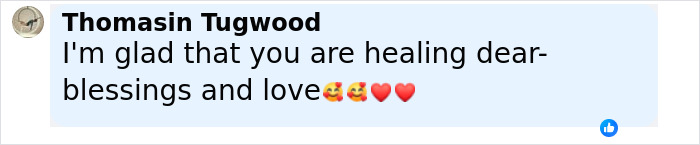 Comment expressing gladness about someone's healing, with blessings and love emojis in a social media post. Comment expressing gladness about someone's healing, with blessings and love emojis in a social media post.