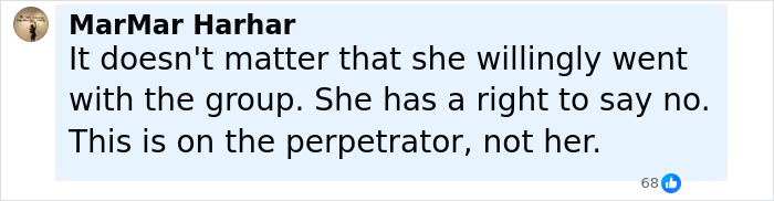 Comment stating a woman has the right to say no and placing accountability on the perpetrator, related to model with broken limbs. Comment stating a woman has the right to say no and placing accountability on the perpetrator, related to model with broken limbs.