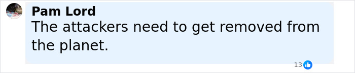 Facebook comment by Pam Lord stating attackers need to be removed from the planet, discussing model found with broken limbs and spine. Facebook comment by Pam Lord stating attackers need to be removed from the planet, discussing model found with broken limbs and spine.