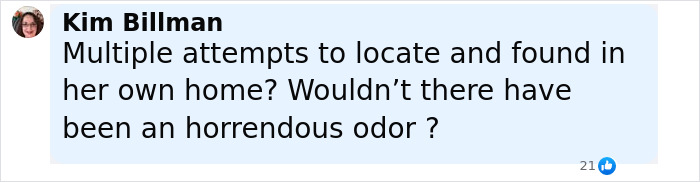 Comment by Kim Billman questioning the discovery of skeletal remains under trash in a hoarder ex-cop’s house. Comment by Kim Billman questioning the discovery of skeletal remains under trash in a hoarder ex-cop’s house.